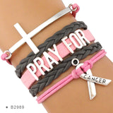 Love Faith Believe Hope Ribbon Pray for Breast Cancer Sucks Awareness Fighter Survivor Pink Leather Wrap Bracelets for Women